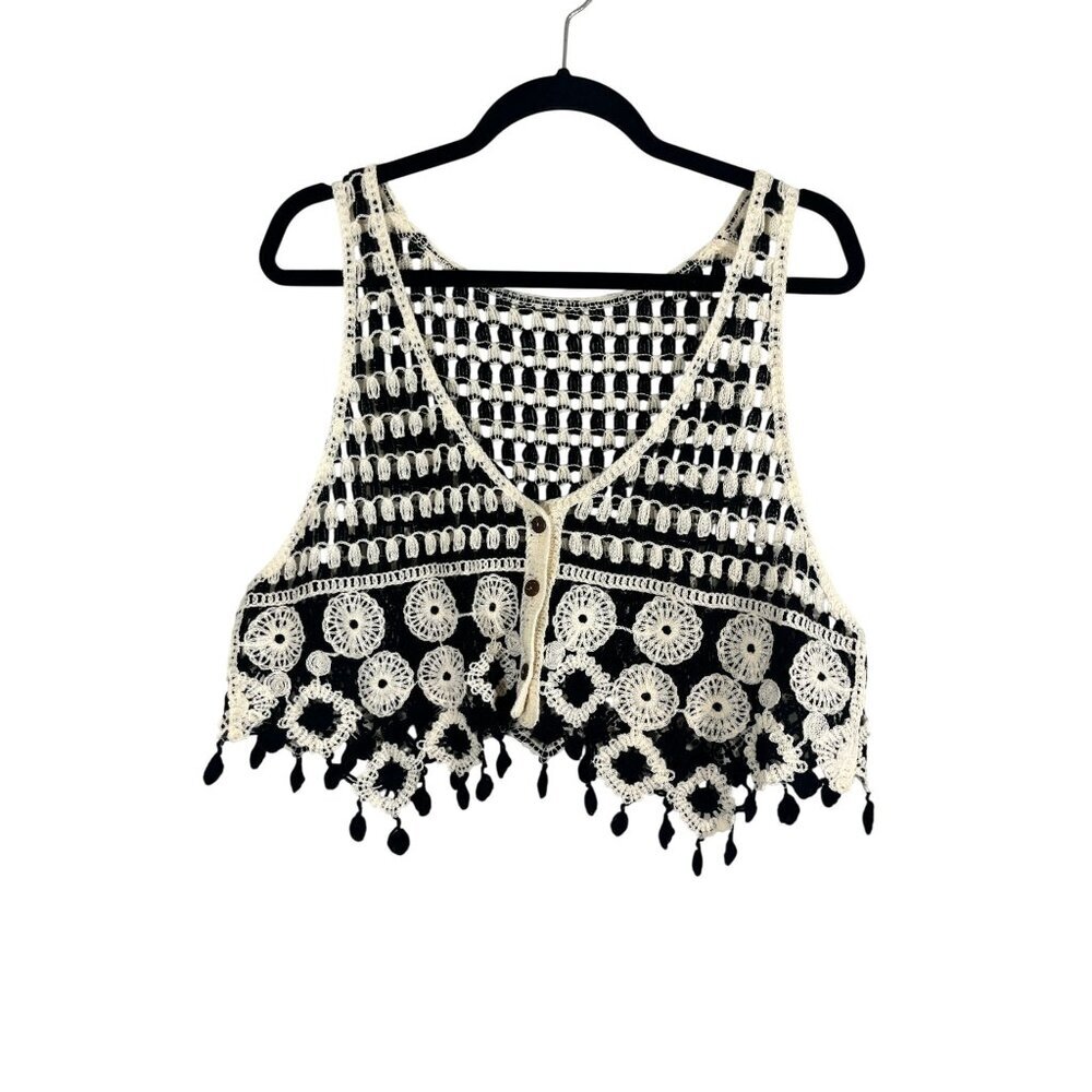 Retro Floral Crochet Knit Vest Black OS Fringe Boho Indie Folk Hippie Preppy Art